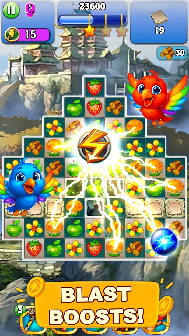 Blast boosters igniting on a Japanese pagoda level with rainbow bird helpers