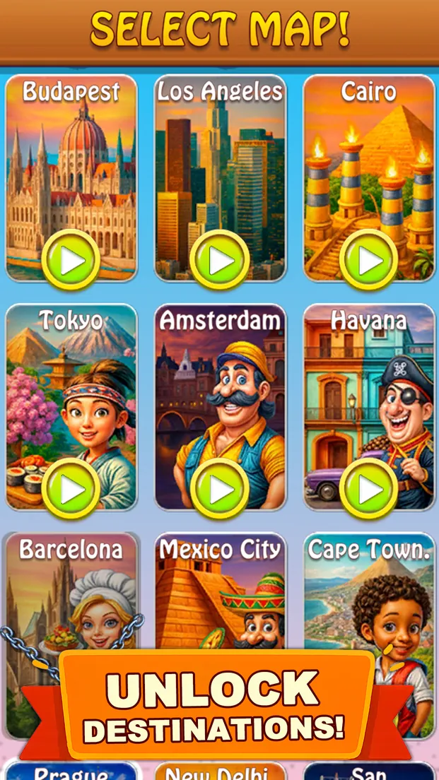 City map selector with Budapest, Los Angeles, Cairo, Tokyo, Amsterdam, Havana and more destinations